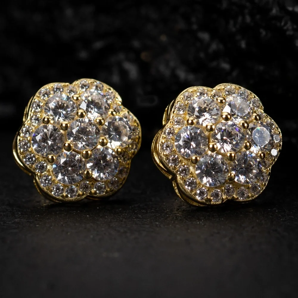 Large Mens Cluster Flower Yellow Gold Plated Iced Screw Back Stud Earrings